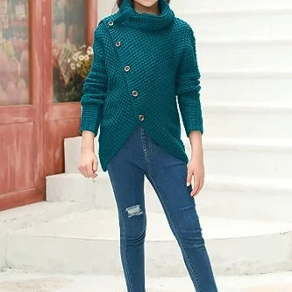 Girls Sweaters Button Turtle Cowl Neck Asymmetric Hem Wrap Pullover